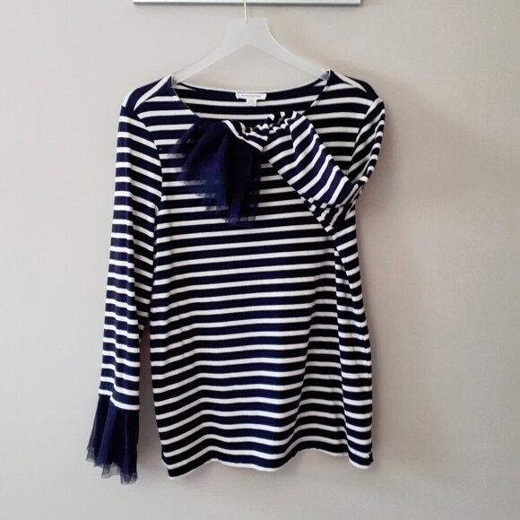 EUC beachlunchlounge collection navy blue & white stripe & organza cuff top, L - Picture 7 of 7